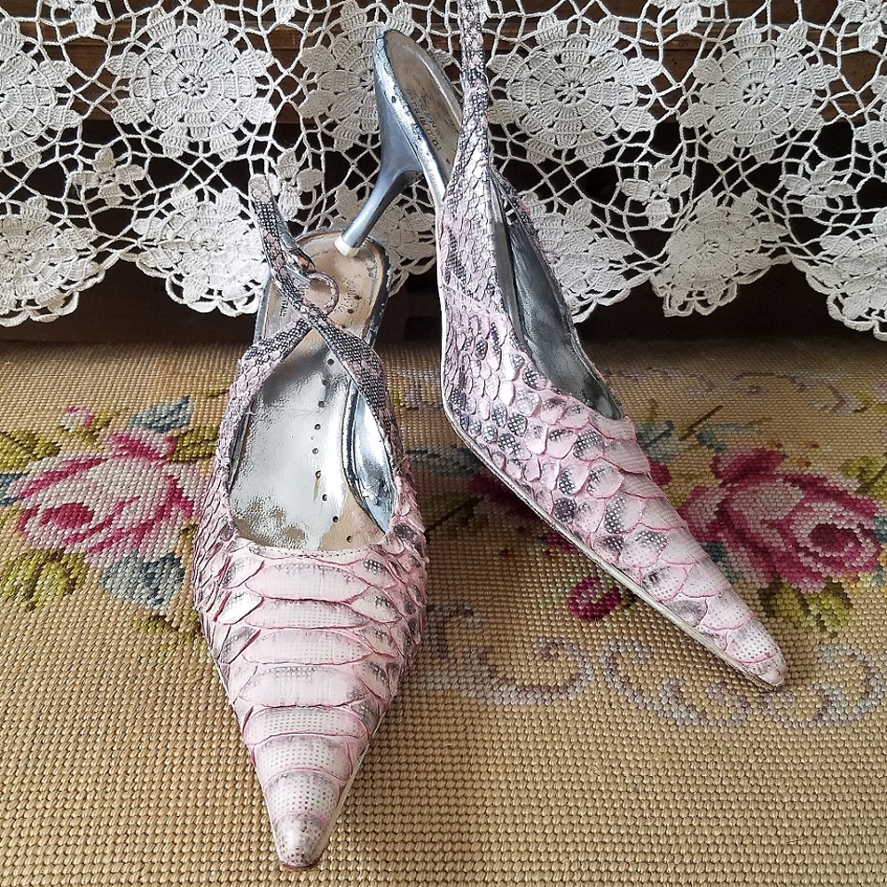 Italian Pink Metallic Snakeskin Slingback Heels